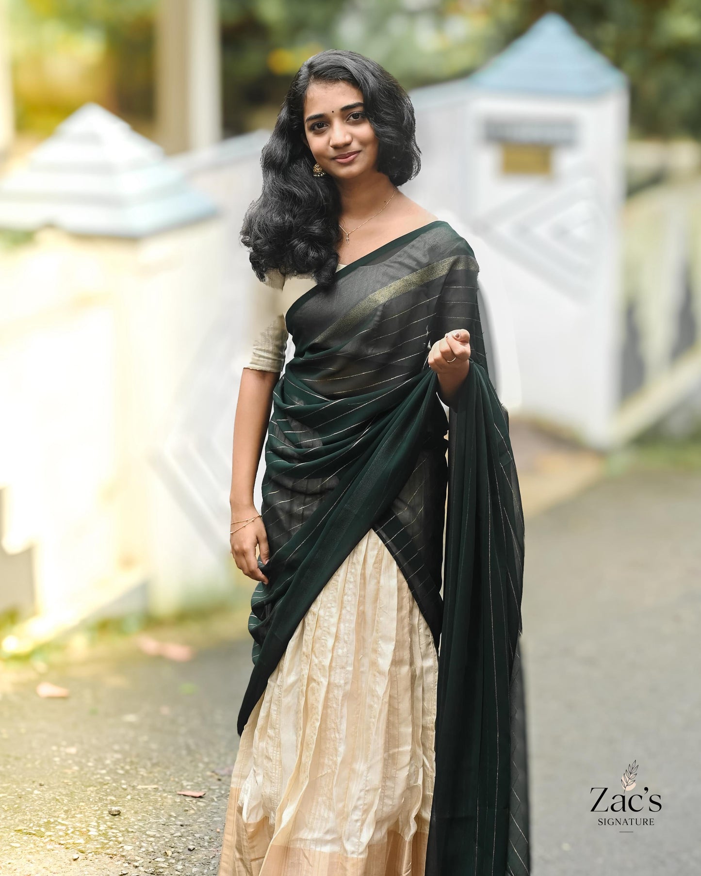 Halfsaree - Off white and Green