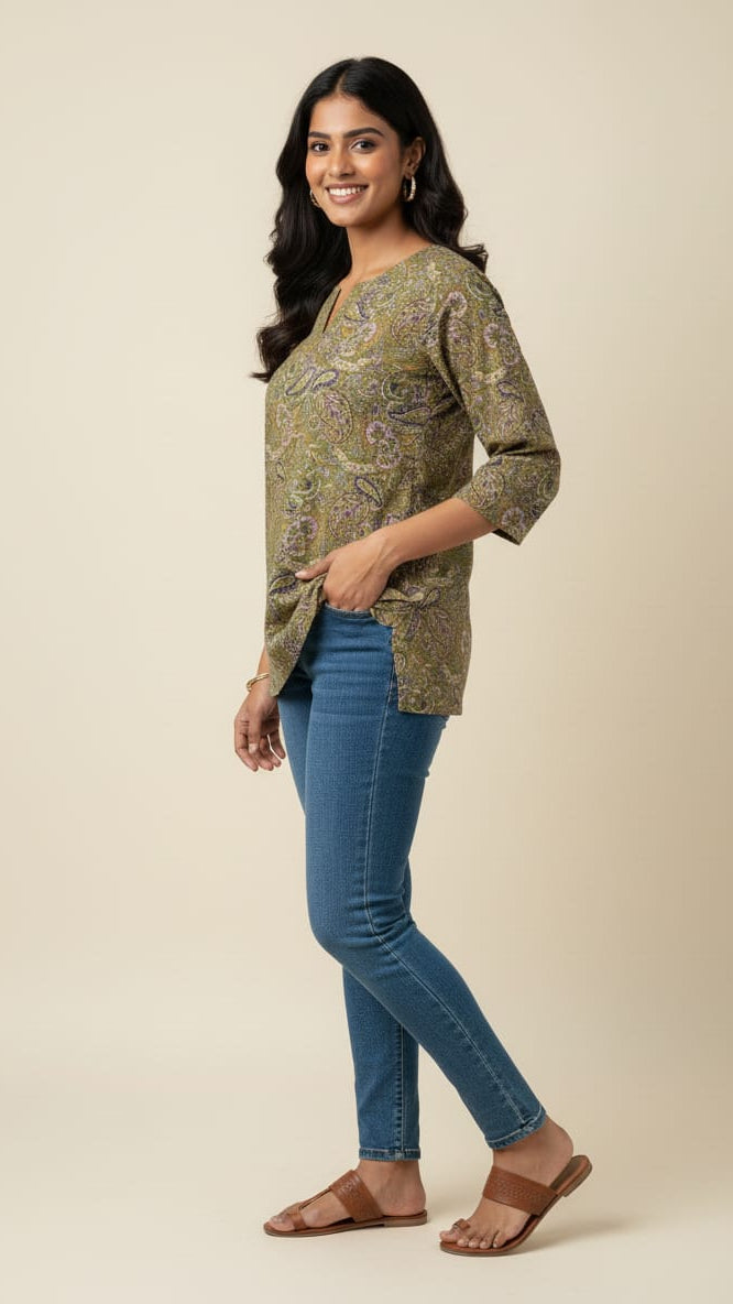 Green Cotton Printed Short Kurthi