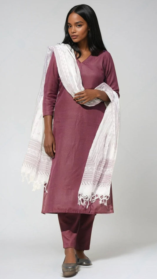 Elegant Plum Flex Cotton Kurta Set with cotton doria Dupatta