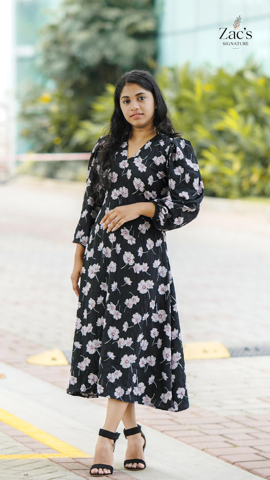 Black floral bubble sleeve  frock