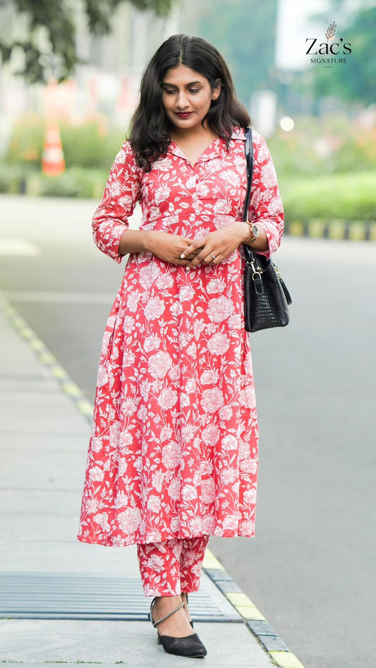 Red linen floral aline co-ord set