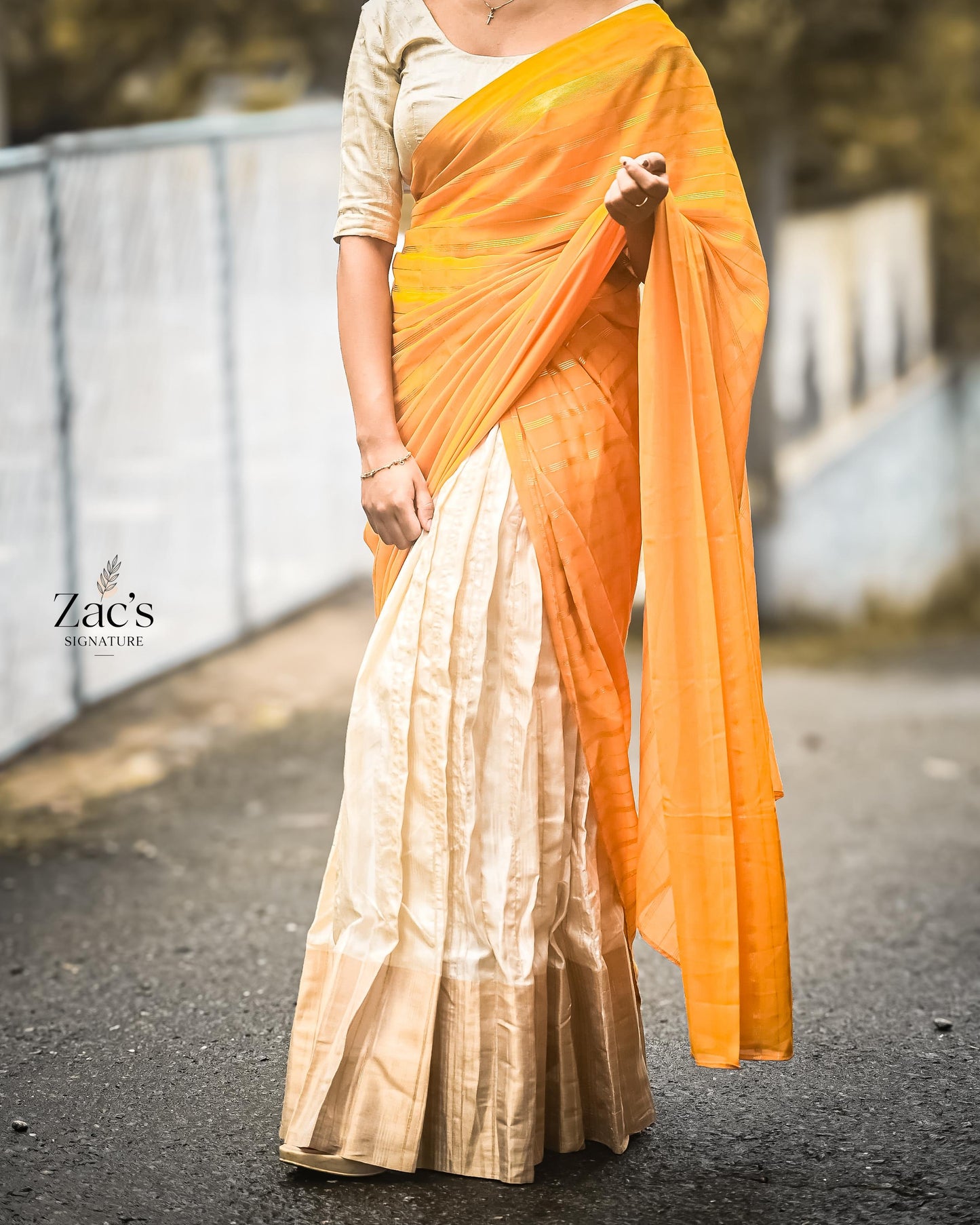 Halfsaree - Off white and Orange