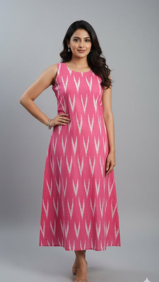 Cotton Ikat Pink Printed Dress