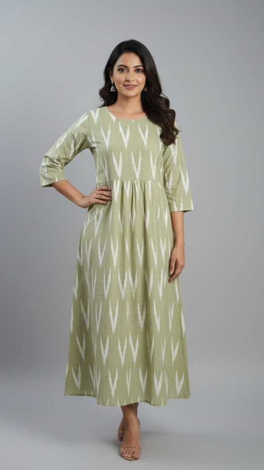 Cotton Ikat Green Printed Dress