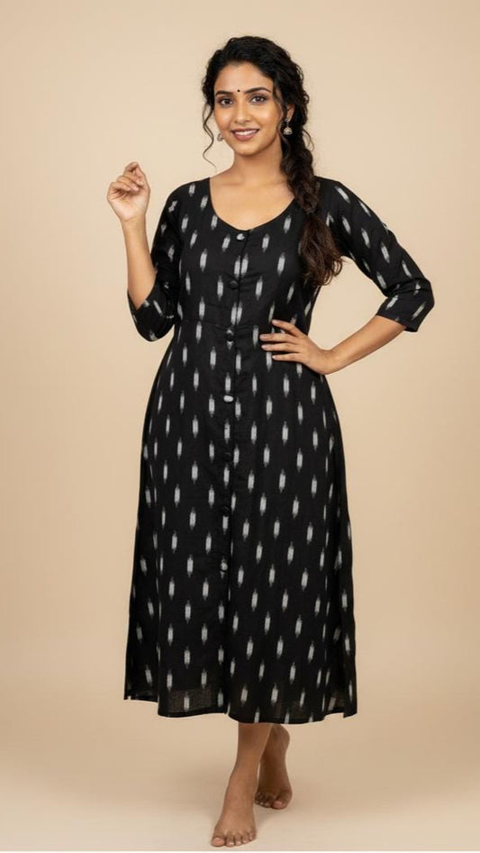 Cotton Ikat Black Printed Dress