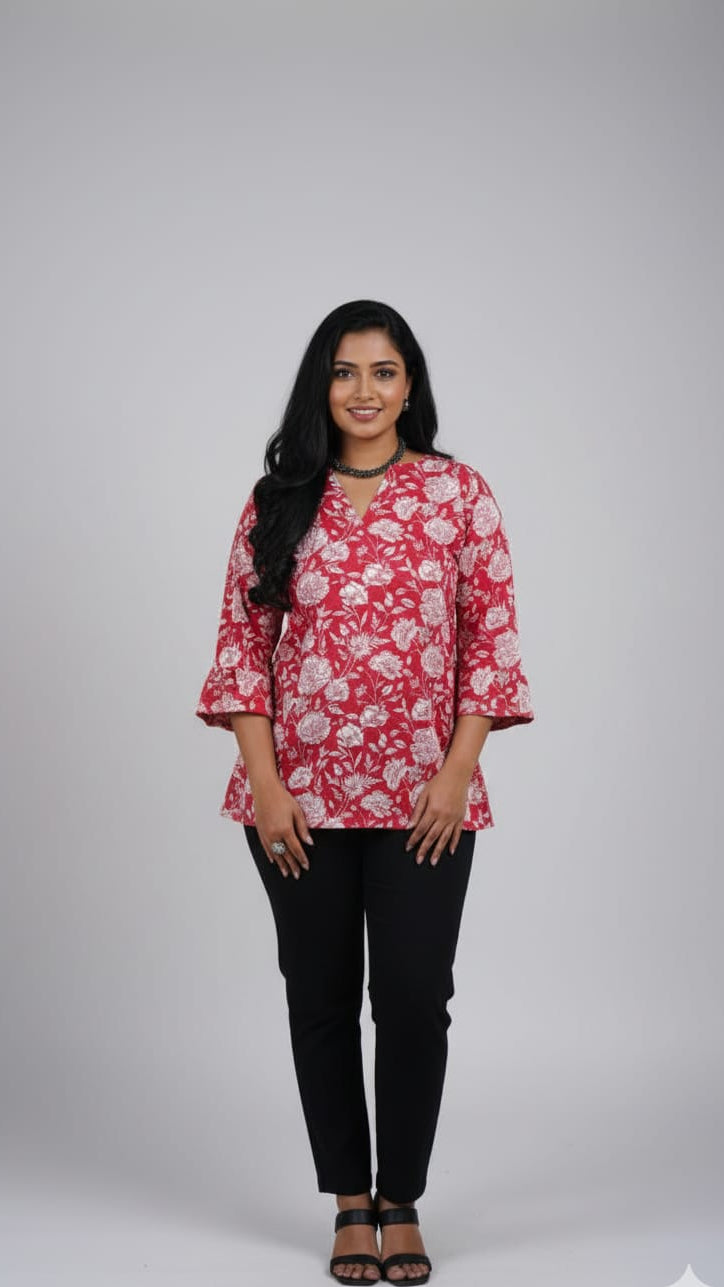 Woman wearing a red floral blouse and black pants on a gray background