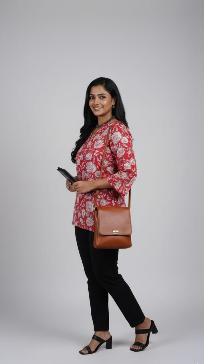 Red Cotton Printed Short Kurthi