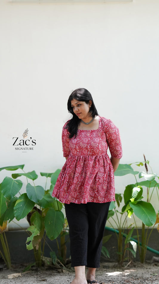 Red Cotton Printed Short Kurthi