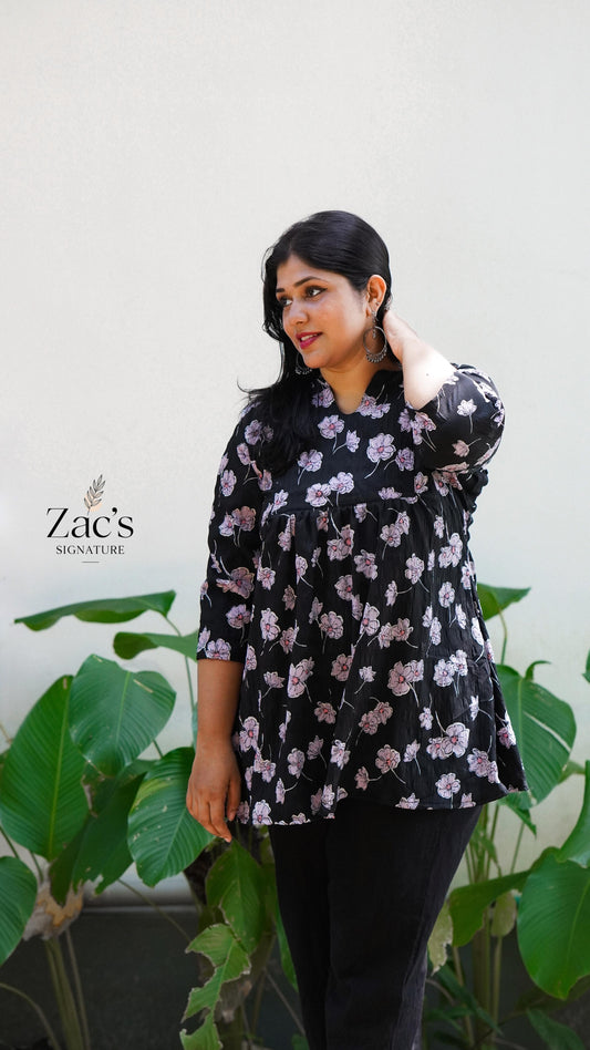 Black Cotton Printed Short Kurthi