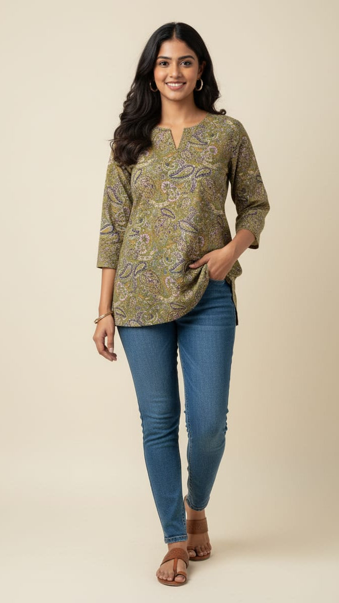 Green Cotton Printed Short Kurthi